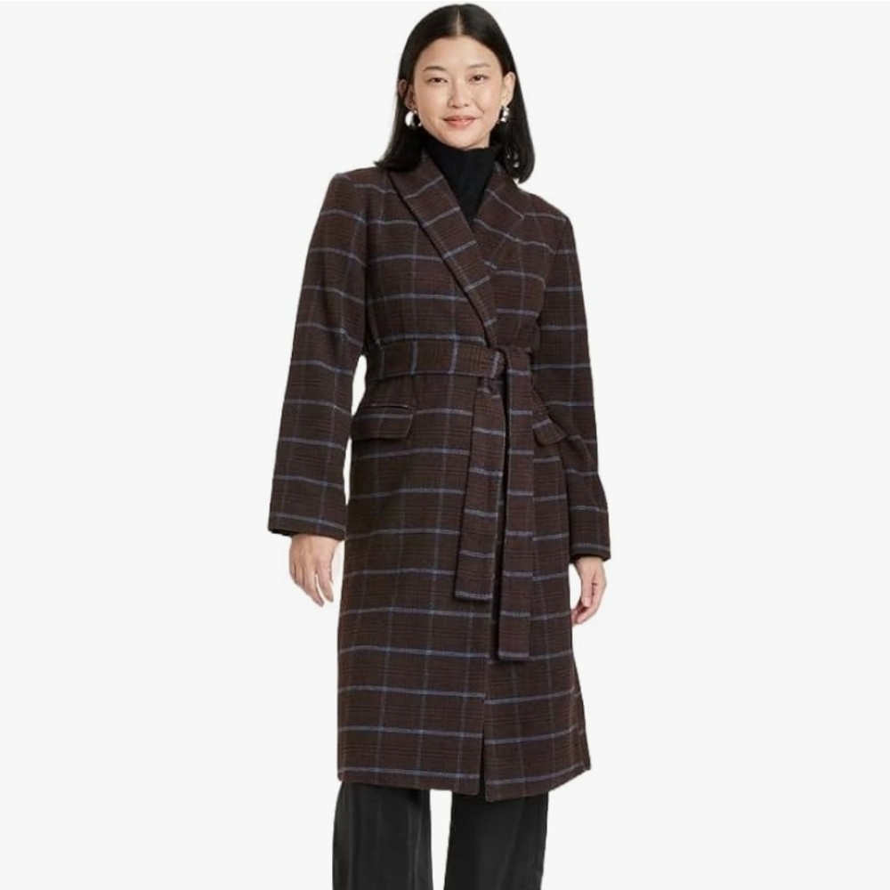 Plaid Belted Wool Blend Coat